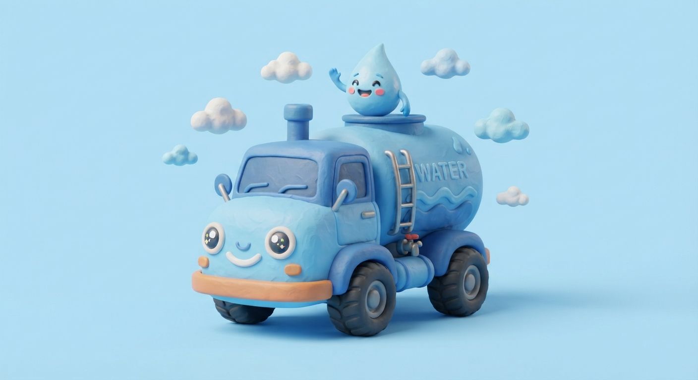 A cheerful blue water tanker truck with a smiling water droplet riding on top