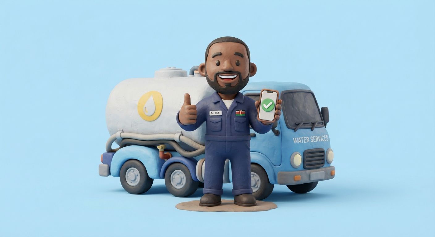 A smiling truck driver giving a thumbs up next to a blue water tanker truck