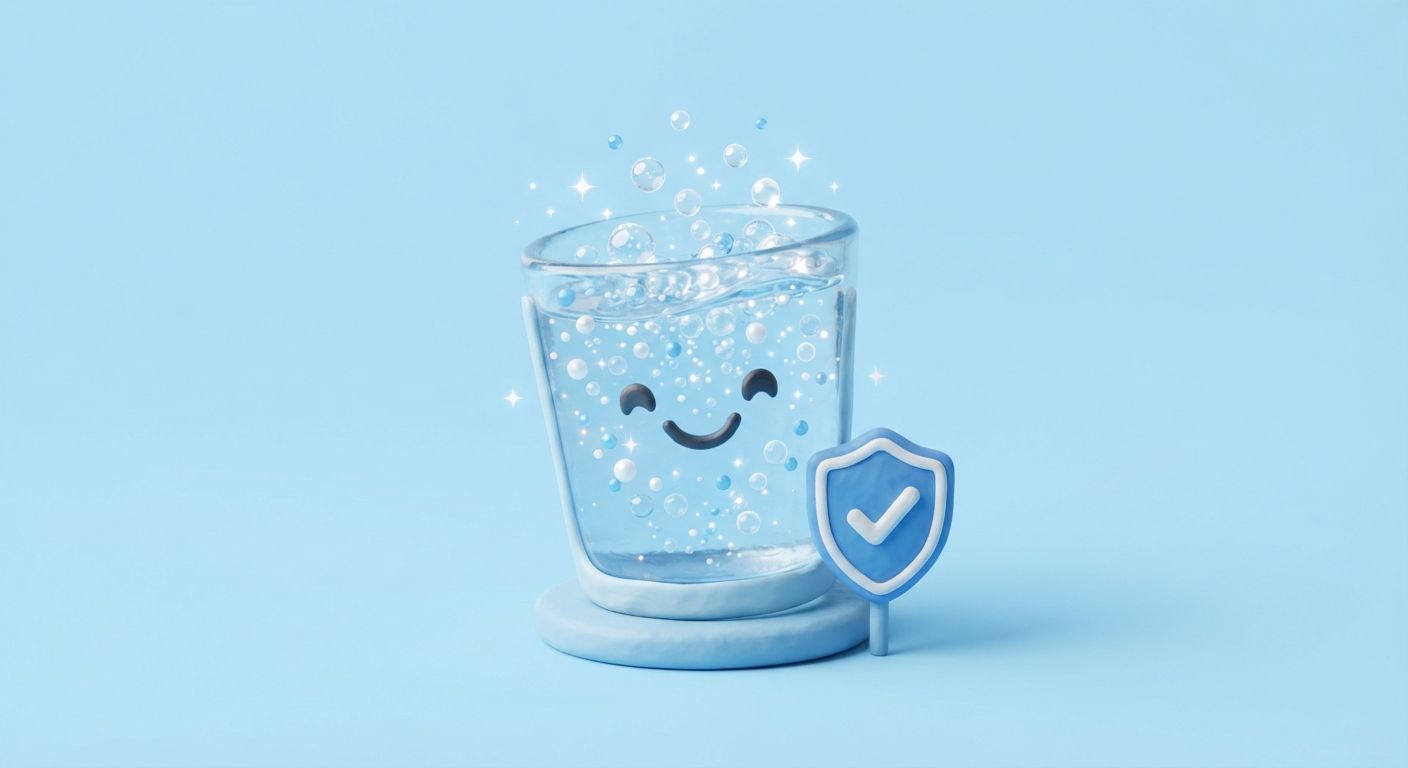 A smiling glass of clean, sparkling water beside a blue shield with a check mark